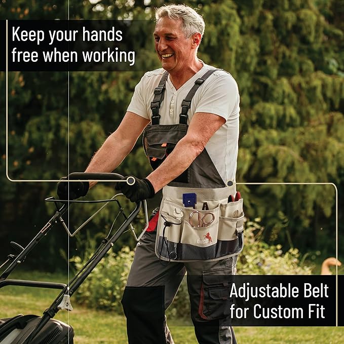 UNCO- Adjustable Gardening Belt, Beige, 7 Pockets, Wear, Cut and Water Resistant, Garden Tool Belt Pouch, Waist Apron with Pockets