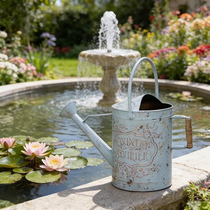 Vintage Metal Watering Can with Country Corner Floral Emboss & Wooden Handle Garden Distressed Blue Decorative Watering Pot Farmhouse Waterer for Home Garden Balcony Courtyard 2 Gallon