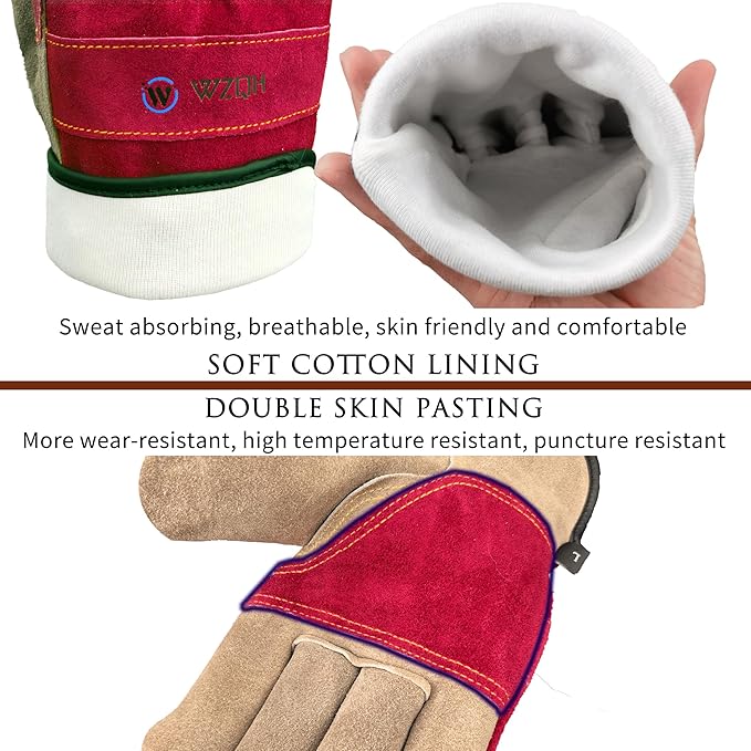 WZQH Leather Work Gloves for Women, Large Glove for Gardening, Tig/Mig Welding, Construction, Chainsaw, Farm, Ranch, etc. Cowhide, Cotton Lined, Utility, Firm Grip, Durable. Rose Red - Grey L