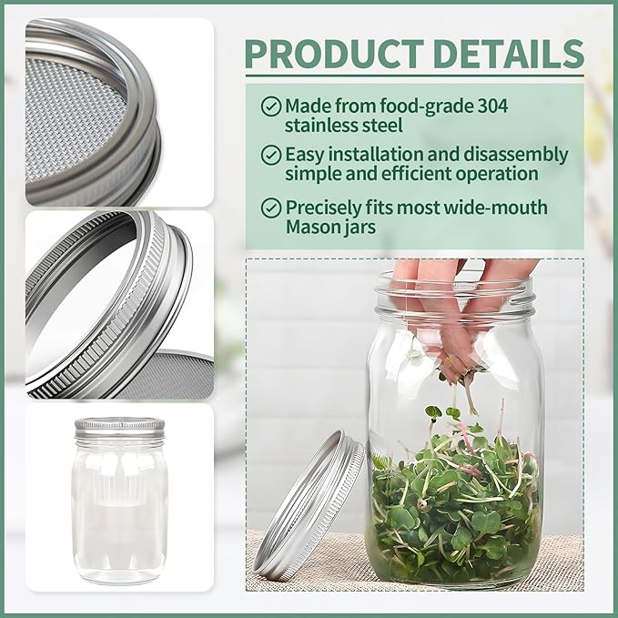 2 Pack Sprouting Lids for Mason Jars, 304 Stainless Steel Wide Mouth Seed Sprouting Kit,Sprouting Jar Lid urable Filter Screens for Growing Broccoli, Alfalfa, Beans