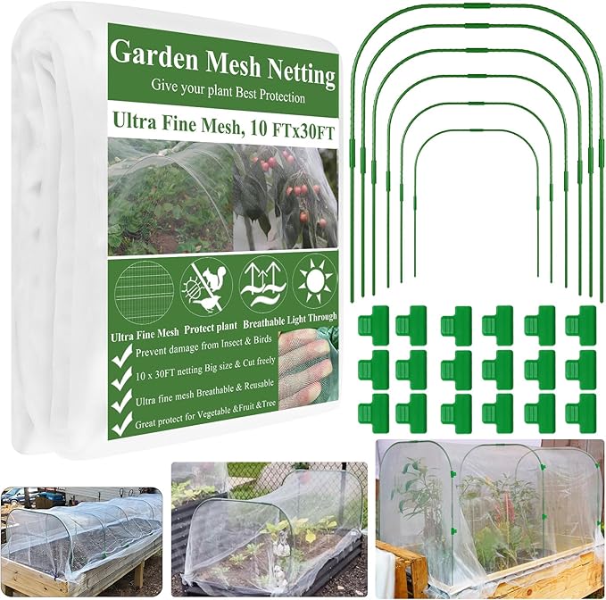 Garden Mesh Netting Kit, Plant Covers 10x30Ft Ultra Fine Mesh Netting & 6Pcs Garden Hoops &18 Clip, Garden Netting Kit for Raised Beds Plants Pest Barrier Greenhouse Row Cover Animal Protection Net