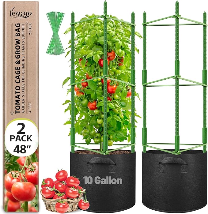 Legigo 2 Pack Tomato Cages with 10 Gallon Grow Bags- 48inch Tomato Trellis Plant Support Stakes Planter, Tomato Plant Cages Garden Trellis for Vertical Climbing Plants Vegetables Flowers Fruits