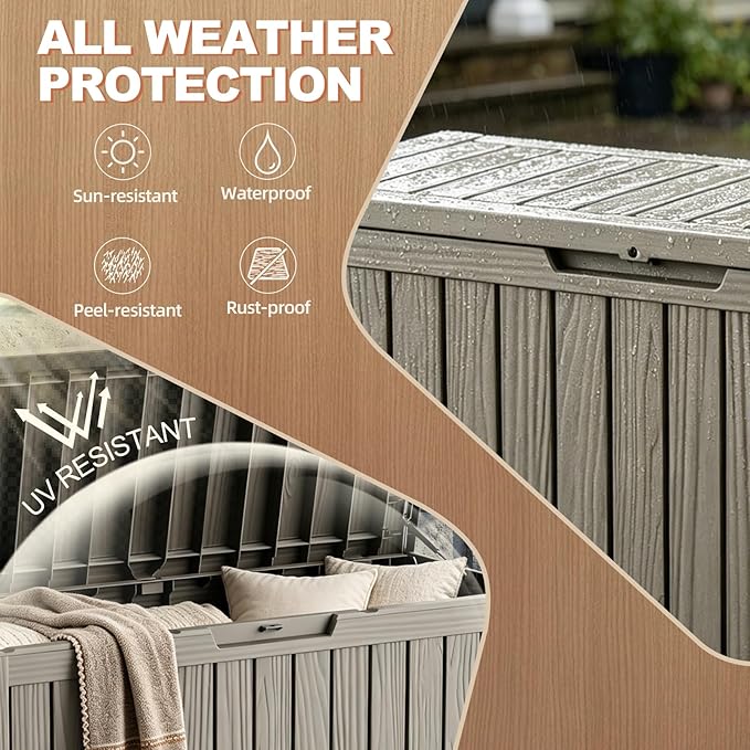 EFU Outdoor Storage Box 80 Gallon Deck Box (Indoor & Outdoor) Lockable UV Resistance Waterproof Resin Storage Bin Storage Box for Outdoor,Patio Storage With Support Rod(Taupe)
