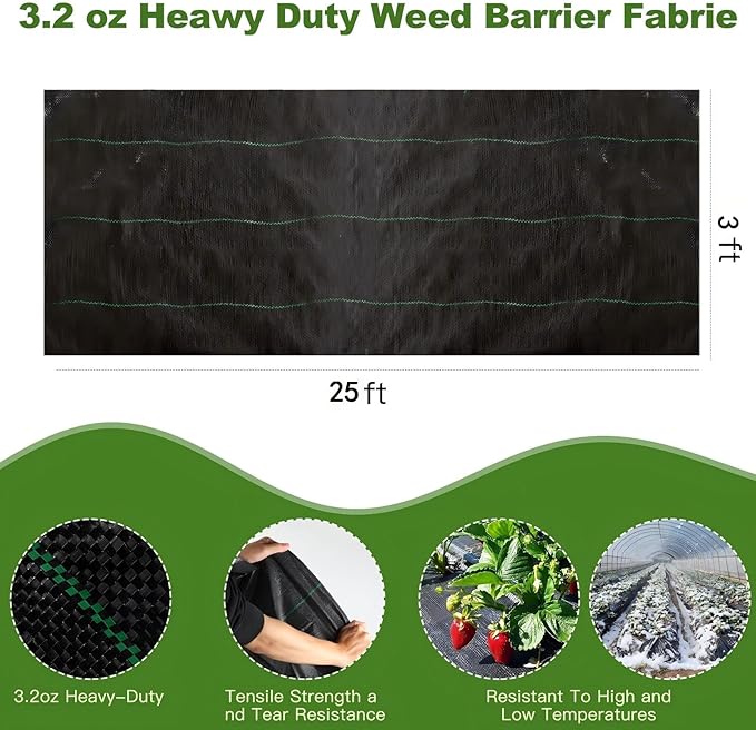 3FT×25FT Weed Barrier Fabric,Landscape Fabric,3.2oz Weed Barrier Fabric Heavy Duty,Weed Control Garden Cloth,Woven Geotextile Fabric for Garden Beds, Underlayment, with 8 U-Securing Pegs