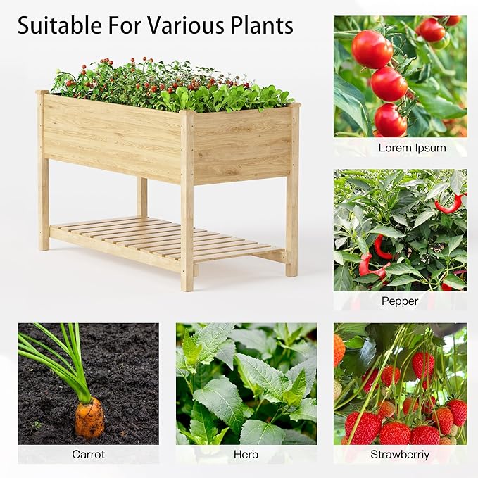Kullavik 2 pcs Raised Garden Bed with Legs,Outdoor Elevated Cedar Wood Planter Box with Storage Shelf for Vegetables/Flowers/Herbs in Balcony/Backyard/Patio,220lb Capacity-Natural