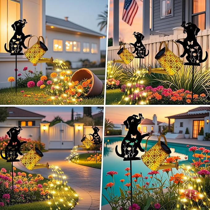 Garden Decor for Outside - Solar Watering Can with Lights, Metal Dog Silhouette Stake with Cascading Waterfall LEDs, Waterproof Yard Art for Lawn Patio, Unique Gardening Gifts for Women Mom 2 Pack