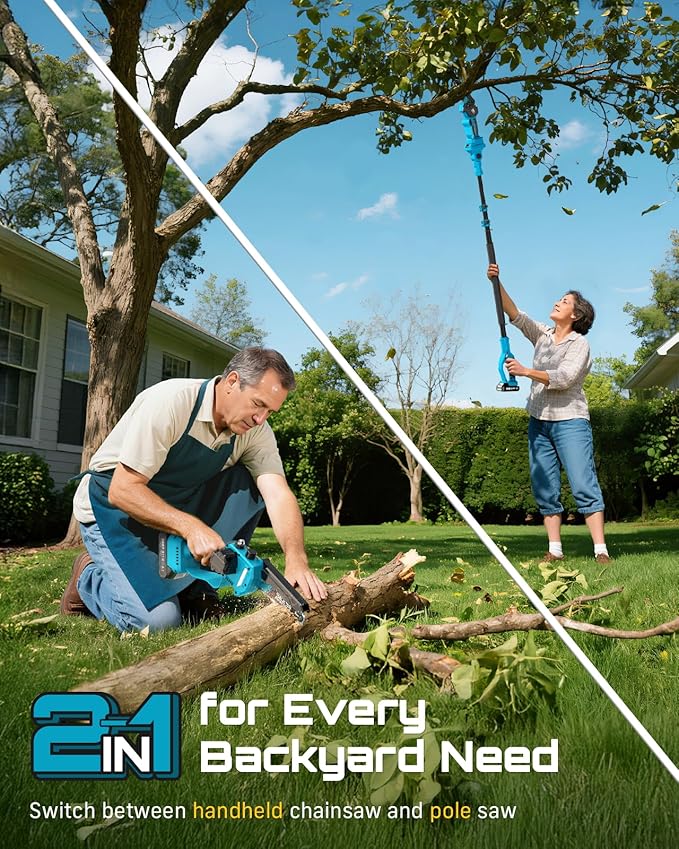 SEESII 2-in-1 Electric Pole Saws for Tree Trimming, 6 Inch Mini Chainsaw Cordless with Extension Pole, Battery Powered Pole Chain Saw, Tree Trimmer Limb Branch Cutter Pruner with 2 Battery PS600