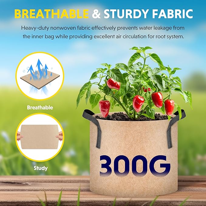 iPower 20-Pack 1 Gallon Grow Bags 300G Thick Nonwoven Aeration Fabric Pots Heavy Duty Plant Containers with Handles for Garden Planting, Tan