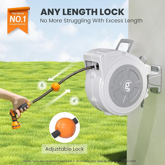 Giraffe Tools Retractable Hose Reel 1/2" x 65 ft Heavy Duty Water Hose Reel, Swivel Bracket, Any Length Lock, with 9-Function Sprayer Nozzle