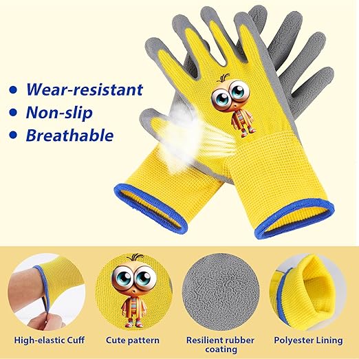 Kids Gardening Gloves, 2 Pair Toddler Gardening Gloves, Toddler Boy Garden Gloves, Rubber Non-Slip Safety Work Gloves for Kids, Youth, Fishing, Cycling (Ages 8-12, Yellow & Blue)