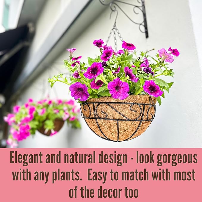 LaLaGreen Hanging Planter for Outdoor Plants (14 Inch, 4 Pack) Hanging Baskets with Coco Liner, Black Metal Wire Flower Basket Pots with Hook Hanger Balcony Porch Farmhouse Country Style Garden Decor