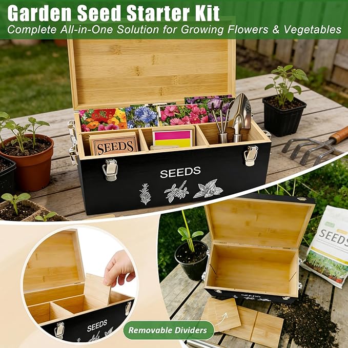Natural Bamboo Seed Storage Organizer Box – Large Seeds Saver Kit Included Stainless Steel Garden Tools, 20 Seed Envelopes, 10 Wooden Plant Labels, Mark Pen & 3 Color Stickers
