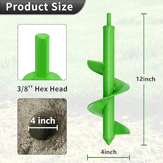 Auger Drill Bit for Planting, 4x12inches Garden Auger Spiral Drill Bit for Bulbs & Bedding Plants,Heavy Duty Post Hole Digger for Garden Soil,Fits 3/8" Hex Drill