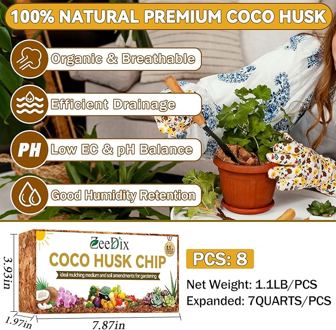 Zeedix 8 Pack Coco Husk Chips for Plants, 100% Organic Coconut Chips Mulch with Low EC & PH Balance, All Purpose for Indoor Plant Flowers Herbs Vegetables, Reptiles Terrarium Tanks Substrate(8.8LB)