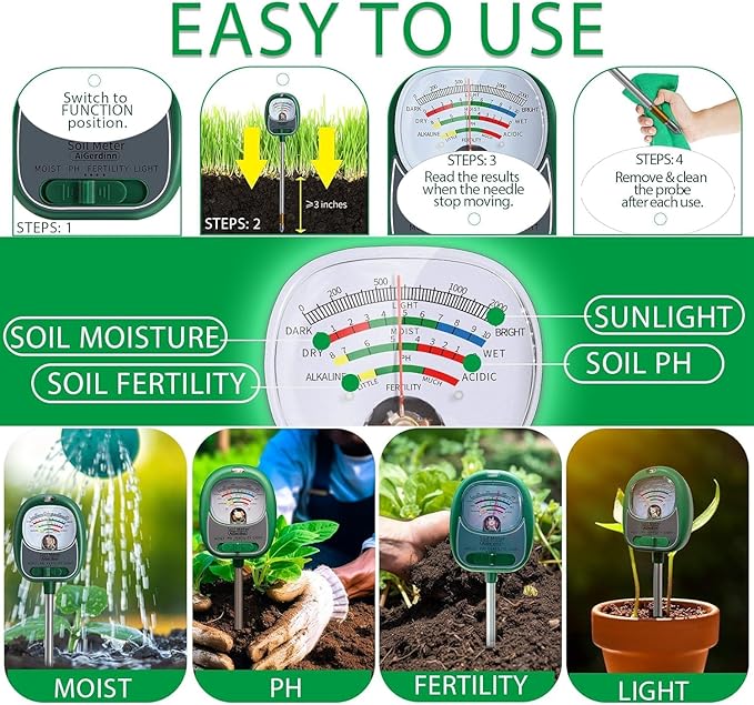 Soil Tester, Soil Moisture Meter/Soil pH Meter/Sun-Light/Fertility for Gardening, Large Dial Soil pH Tester Plant Water Meter for Indoor&Outdoor Garden,Farm Soil Test Kit-GrassGreen