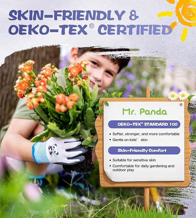 Mr. Panda 3 Pairs Skin-Friendly kids gardening gloves for Age 5-7, Rubber Coated childrens garden gloves, toddler work gloves, XXS
