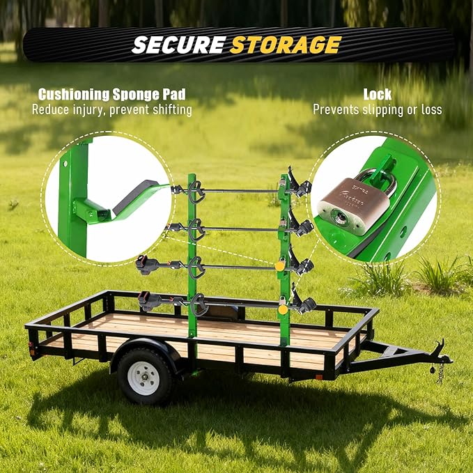4 Place Weed Eater Rack Fit for Landscape Trailer Truck Open Utility Trailers Lockable Trimmer Rack Holder Carrier Mount On with 4 Lock Steel-Green