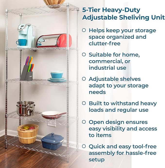 Honey-Can-Do 5-Tier Heavy Duty Adjustable Shelving Unit, 200-lb Per Shelf NSF Certified Metal Storage Rack, Chrome Wire Shelf for Garage Kitchen Pantry, 36 x 14 x 72 in
