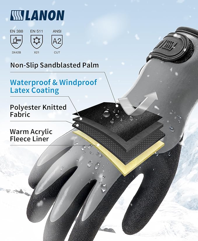 LANON Waterproof Winter Work Gloves, Double Latex Coated, Thermal Insulated Freezer Gloves for Cold Weather, Heavy Duty, Non-Slip Grip, Wrist Closure, Grey,XL