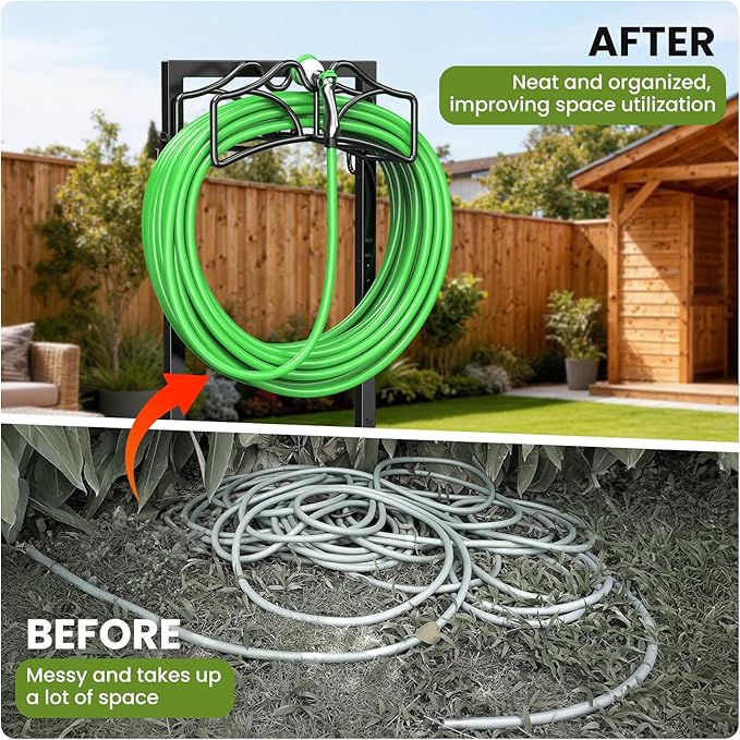 Garden Hose Holder Stand, Freestanding Heavy Duty Metal Organizer with Tool Hooks, Holds up to 150FT Hose, Easy Assembly, No Drilling, for Yard, Lawn, Garden, Patio & Backyard (Black-European)