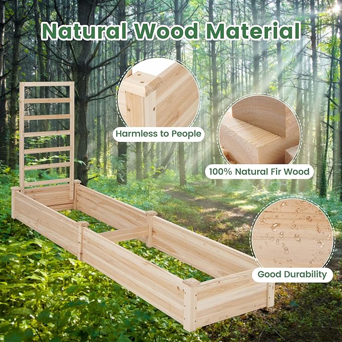 Giantex Raised Garden Bed with Trellis, 93" L x 25" W x 40" H, Wood Planter Box for Vegetables Flowers Herbs Fruits Climbing Plants Cucumber, Easy Assembly, Outdoor Rectangular Floor Gardening Beds