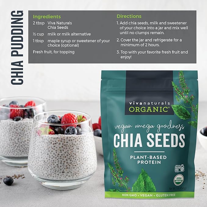 Viva Naturals Organic Chia Seeds, 1 lb, 16 Oz – Plant-Based Omega-3 and Vegan Protein, Gluten Free & Non-GMO, Perfect for Smoothies, Salads & Chia Pudding