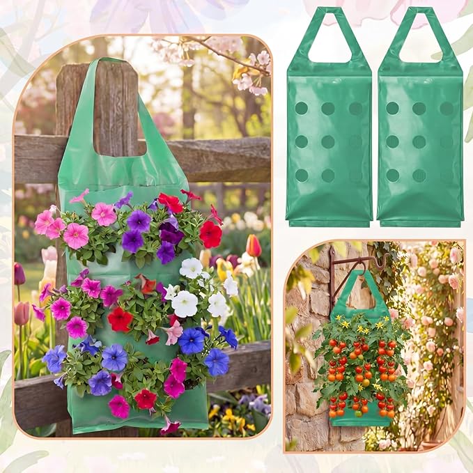 30 Pack Hanging Strawberry Planter and Flower Grow Bags with 9 Holes, Large 21" Fence Planter Pouches, Upside-down Garden Bags for Flowers, Strawberries, Tomatoes, 3.5-5kg Weight Capacity, BPA-Free