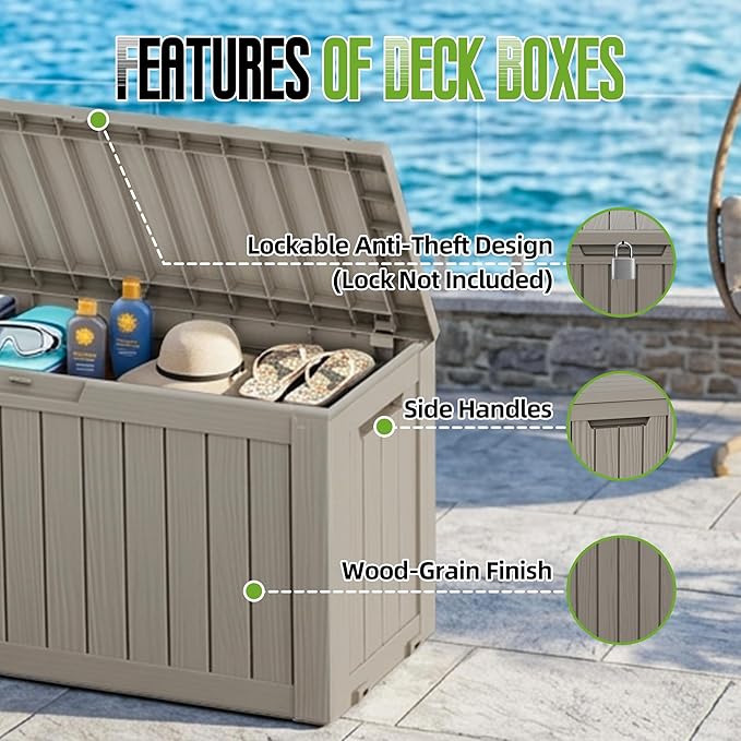 85 Gallon Outdoor Storage Deck Box Waterproof Resin Lockable Outside Bench Porch Patio Furniture Pool Float Garden Tool Cushion UV Resistant Bin Beige
