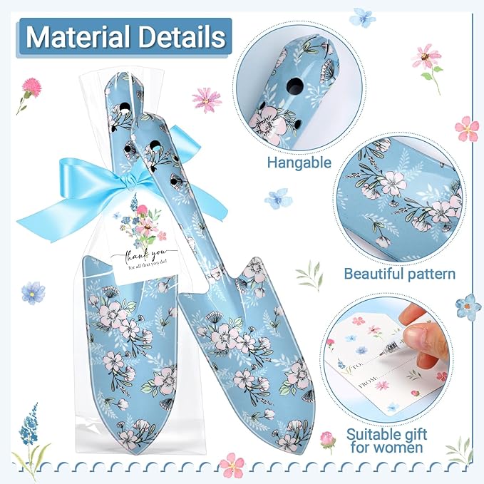 Capoda 12 Sets Floral Garden Shovels Bulk Gardening Gift for Women Garden Tools Floral Hand Heavy Duty Christmas Trowels Thank You Cards with Bags for Mom Gift Birthday Teacher(Blue,Bright)