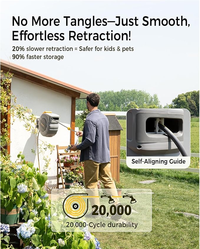 GLAHODEN Retractable Garden Hose Reel 5/8 in x 100 ft Upgraded UV Resistant Heavy Duty Automatic Hose Reel Wall Mount 3/4 in Brass Fitting 9 Pattern Nozzle Any Length Lock Slow Retraction 180° Swivel