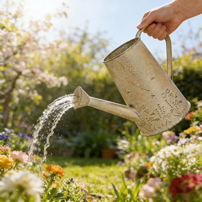 Vintage Metal Watering Can with Floral Embossed Design Garden Distressed Gold Decorative Watering Pot Planter Farmhouse Waterer for Home Indoor Outdoor Garden Balcony Courtyard