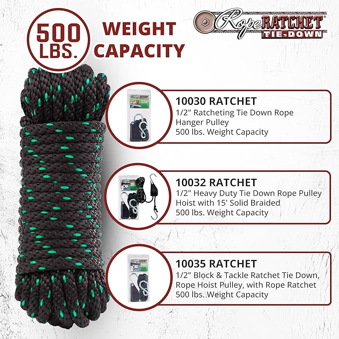 Rope Ratchet 1/2" 50 ft Braided Polypropylene Utility Cord, Weather Resistant Indoor Outdoor for Gardening, DIY Projects, Securing Loads, Binding, Knot Tying, Tarp Use, 500 lb Capacity - Black/Green