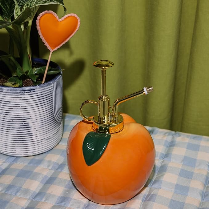 ban.do Peach-Shaped Plant Mister, Fruit Theme Indoor Plant Accessories, Ceramic Watering Can Spray Bottle with Plastic Nozzle, Peach