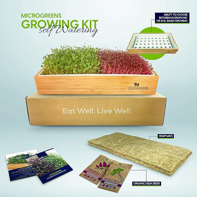 ZESTIGREENS Self Watering Microgreens Growing Kit. Hands Down The Easiest Way to Grow Microgreens. Includes Tray, Seeds, Mats, and Bamboo Surround. Great Gift for Gardeners
