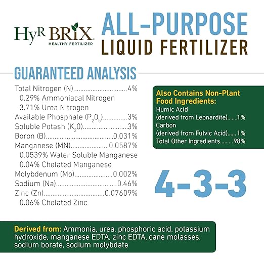 HyR BRIX All-Purpose Liquid 4-3-3 Fertilizer, 32oz Bottle - Fast-Acting Plant Food with Micronutrients, Humic & Fulvic Acids - Ideal for Vegetables, Flowers, Fruits & Houseplants