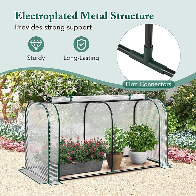 Raised Garden Bed with Greenhouse, Waterproof Sun-Protective Green House with Roll-Up Door & Electroplated Metal Frame, Pine Wood Elevated Planter Box with Drainage Holes(White+Natural)