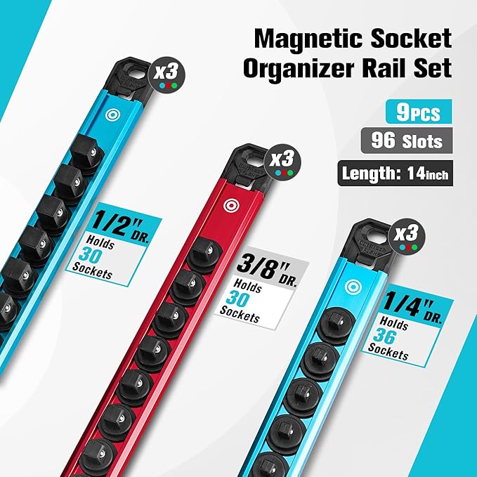 DURATECH Magnetic Socket Organizer Set, 1/4”, 3/8”, 1/2” Aluminum Alloy Socket Rail with 96 Clips, Socket Holder for Tool Box Drawer, Tool Cart and Garage Organization(9PCS)