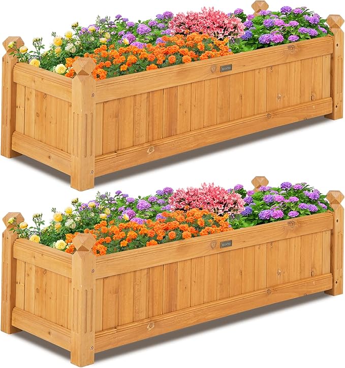 Giantex 2 Pcs Raised Garden Bed, Wooden Planter w/Drainage Holes, Rectangular Plant Box for Vegetables Flowers Herbs Fruit Growing, Raised Container for Garden Patio Balcony, Easy Assembly