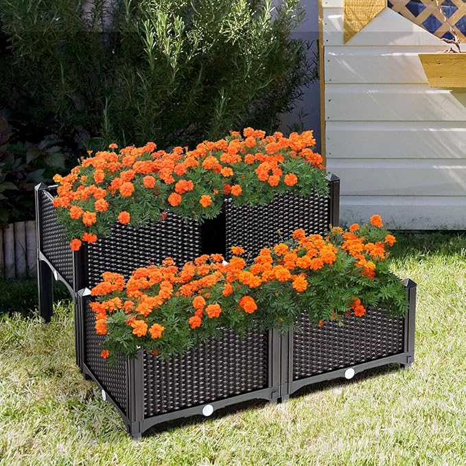 S AFSTAR Raised Garden Bed Kit, Set of 4, Elevated Planter Boxes with Self-Watering Design & Removable Legs, Outdoor Plastic Planter Box for Patio Yard Balcony Gardening, Rattan Pattern (Brown)