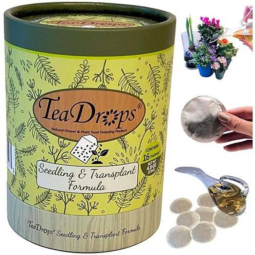 TeaDrops Organic Seedling + New Planting + Transplant Fertilizer – 16 Liquid Indoor House Plant Food Packets – Make up to 32 Gallons (Easy use in Watering Can & Containers, Ecofriendly)