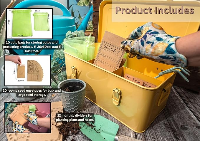 Seed Storage Organizer –Waterproof Metal Seed Box with Storage Bags, Dividers, 4 Compartments with Lid and Safety Locks, Portable Side Handles, Perfect for Garden Seeds, Labels & Tools – Yellow