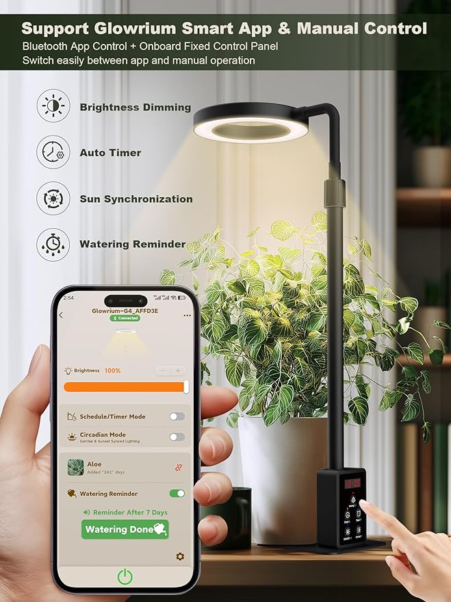 GLOWRIUM Smart LED Grow Lights for Indoor Plants G4, 12W Full Spectrum 3500K with Grow lamp, Bluetooth App Control, 10-Level Dimming, Gooseneck, Height Adjustable 16"-23", Auto Timer, (Black 12W)