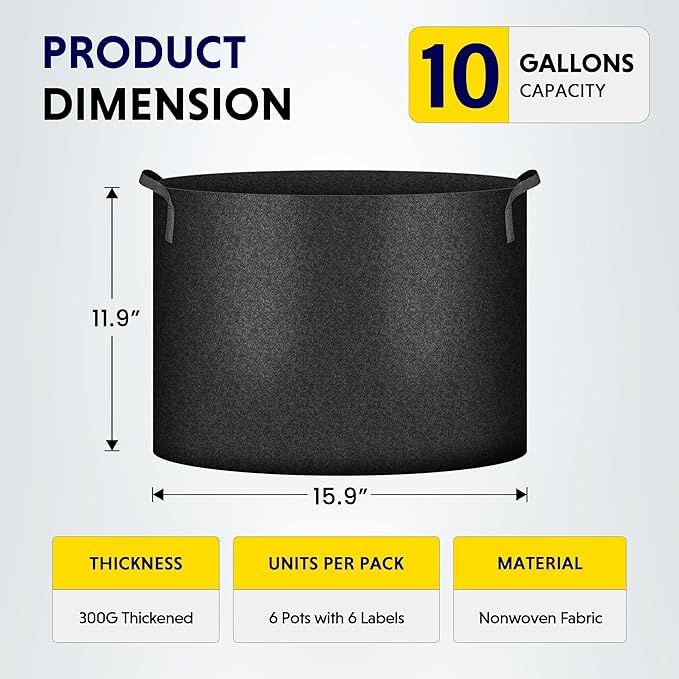 iPower Plant Grow Bag 10 Gallon 6-Pack Heavy Duty Fabric Pots, 300g Thick Nonwoven Fabric Containers Aeration with Nylon Handles, for Planting Vegetables, Fruits, Flowers, Black