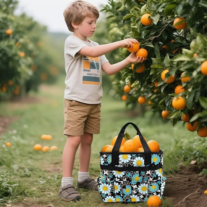 Daisy Print Garden Tool Bag Portable Gardening Tool Organizer Bag with 10 Pockets and Handle Tool Carrier and Storage for Garden Lawn Yard Casual Camp