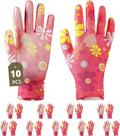 Ainiv 10 Pairs Red Gardening Gloves for Women, PU Coated Polyester Knitting Garden Gloves, Non-Slip Grip Work Gloves Women