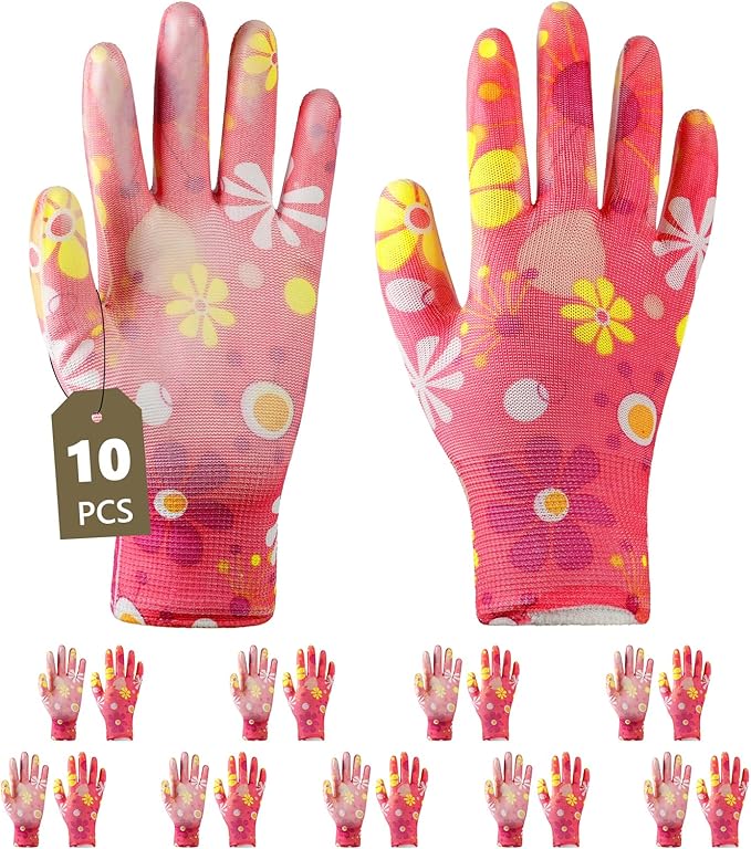 Ainiv 10 Pairs Red Gardening Gloves for Women, PU Coated Polyester Knitting Garden Gloves, Non-Slip Grip Work Gloves Women