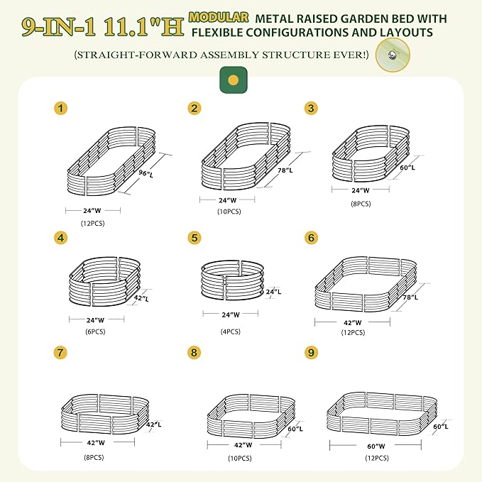 BlueWish 8x2x1FT Raised Garden Bed, 11.1” H Galvanized Raised Garden Bed with Bottomless, Rubber Strip, 9-in-1 Modular, Raised Planter Box Outdoor for Vegetable, Flower, Beige