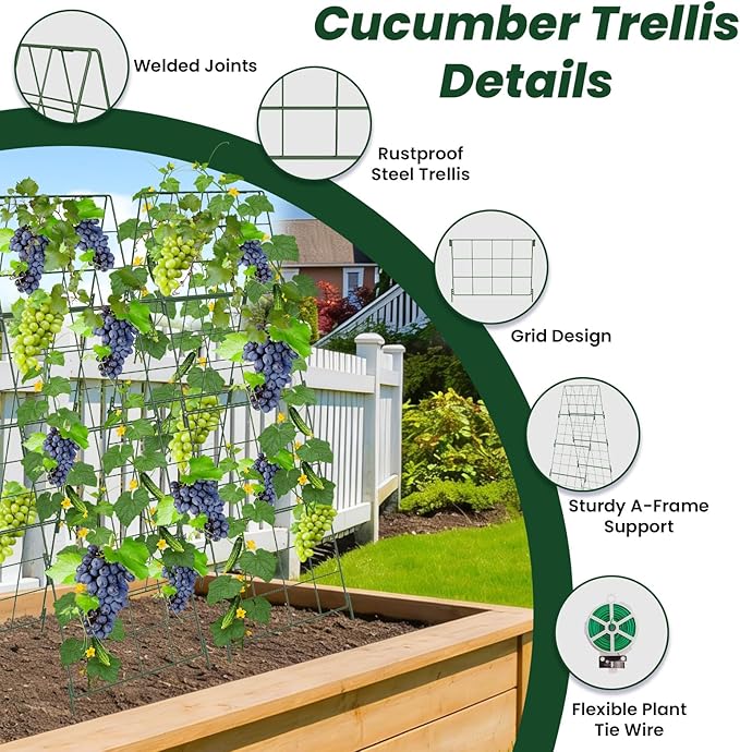 Adjustable A-Frame Trellis for Climbing Plants Outdoor, 48"x32" Cucumber Trellis for Raised Bed, Metal Garden Trellis with Grid Design, Tomato, Grape, Bean, Pea, Squash, Vegetable Trellis (Green)