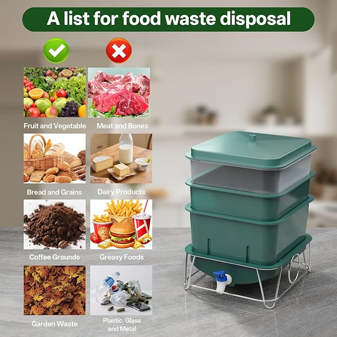 3-Tray 15L Worm Farm Composting Bin with Tool Set - Efficient Indoor/Outdoor Composter for Organic Waste Recycling, Beginner-Friendly Kit for Healthier Plants (Green)