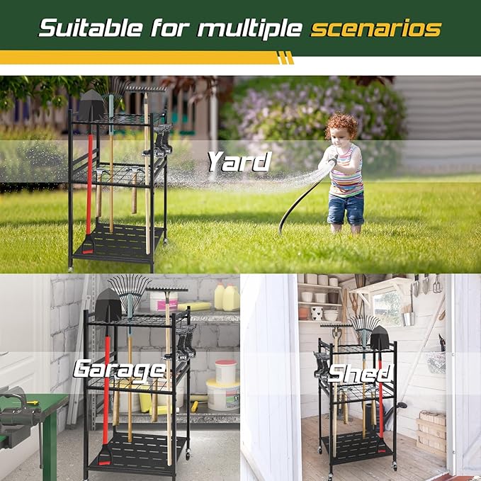 Garden Tool Organizer, 3-Tier Yard Tool Storage Rack with 35 Slots & 3 Hooks, Heavy Duty Garage Organizer for Shovels, Rakes & Brooms (33.6" x 11.5" x 17")